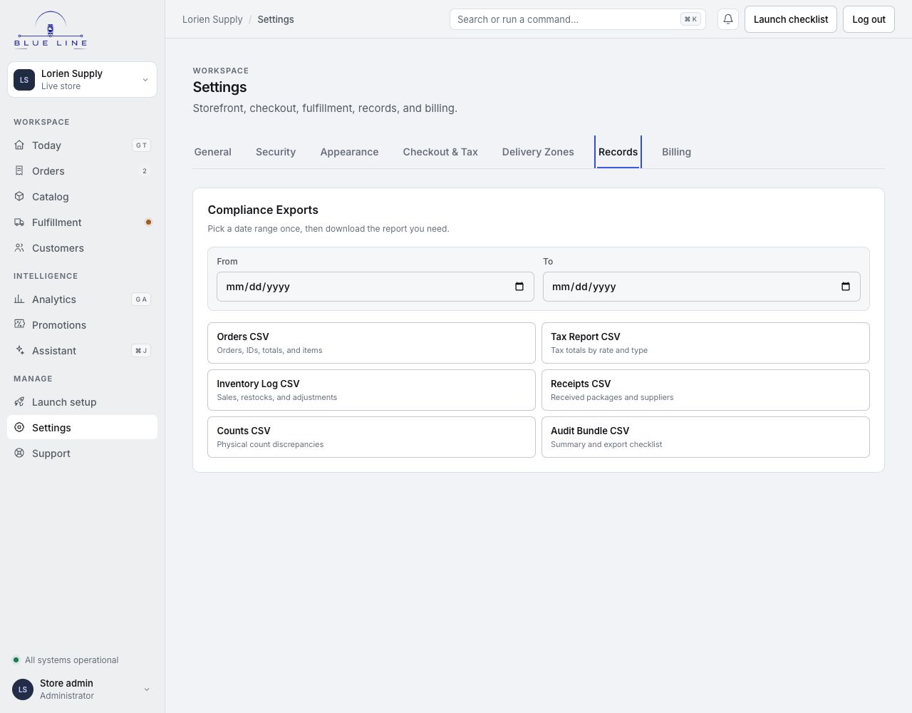 Blue Line records exports panel with Orders, Tax Report, Inventory Log, Receipts, Counts, and combined CSV downloads