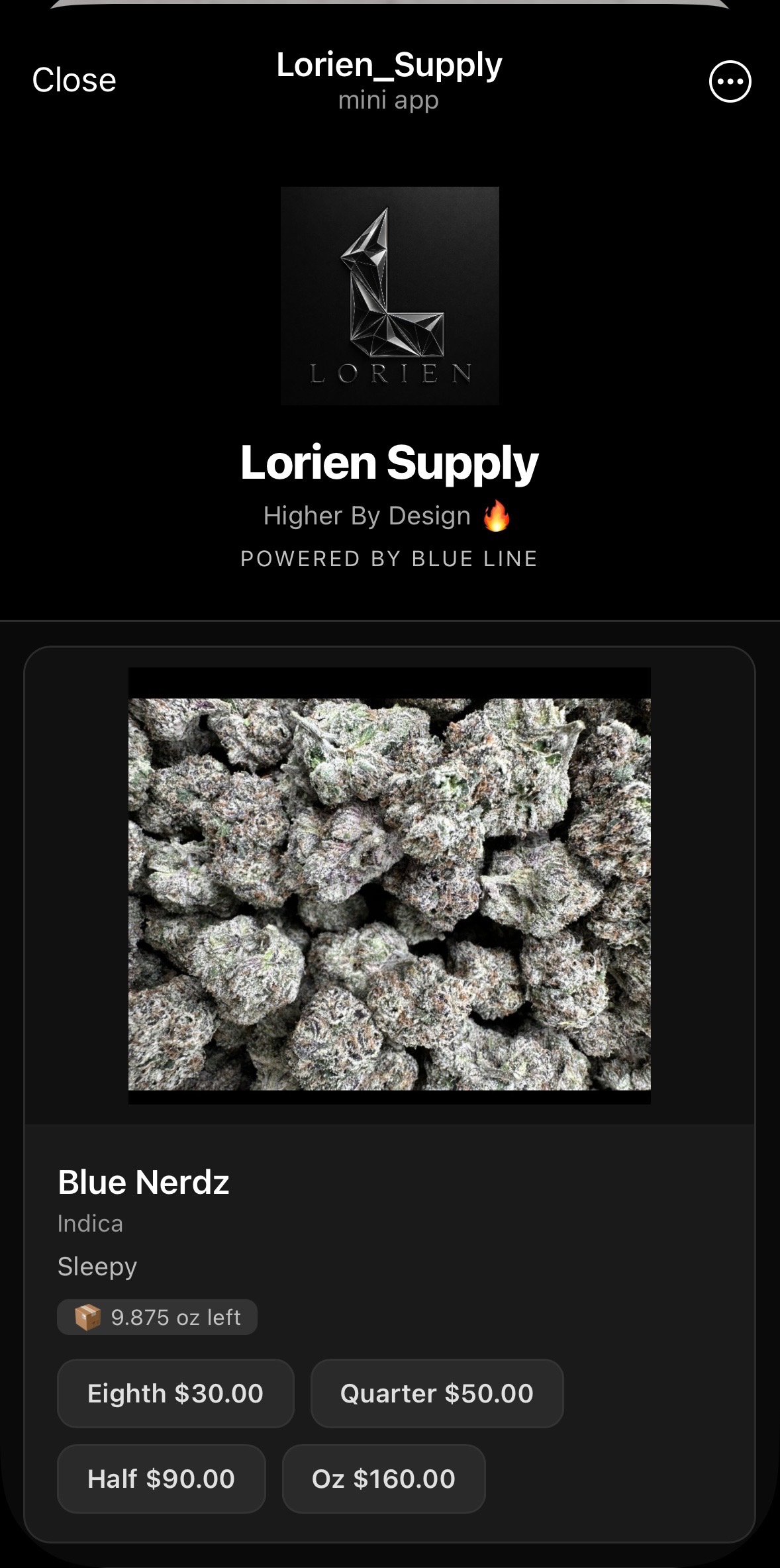 Blue Line customer Mini Store showing Lorien Supply storefront with product image, stock, and price options