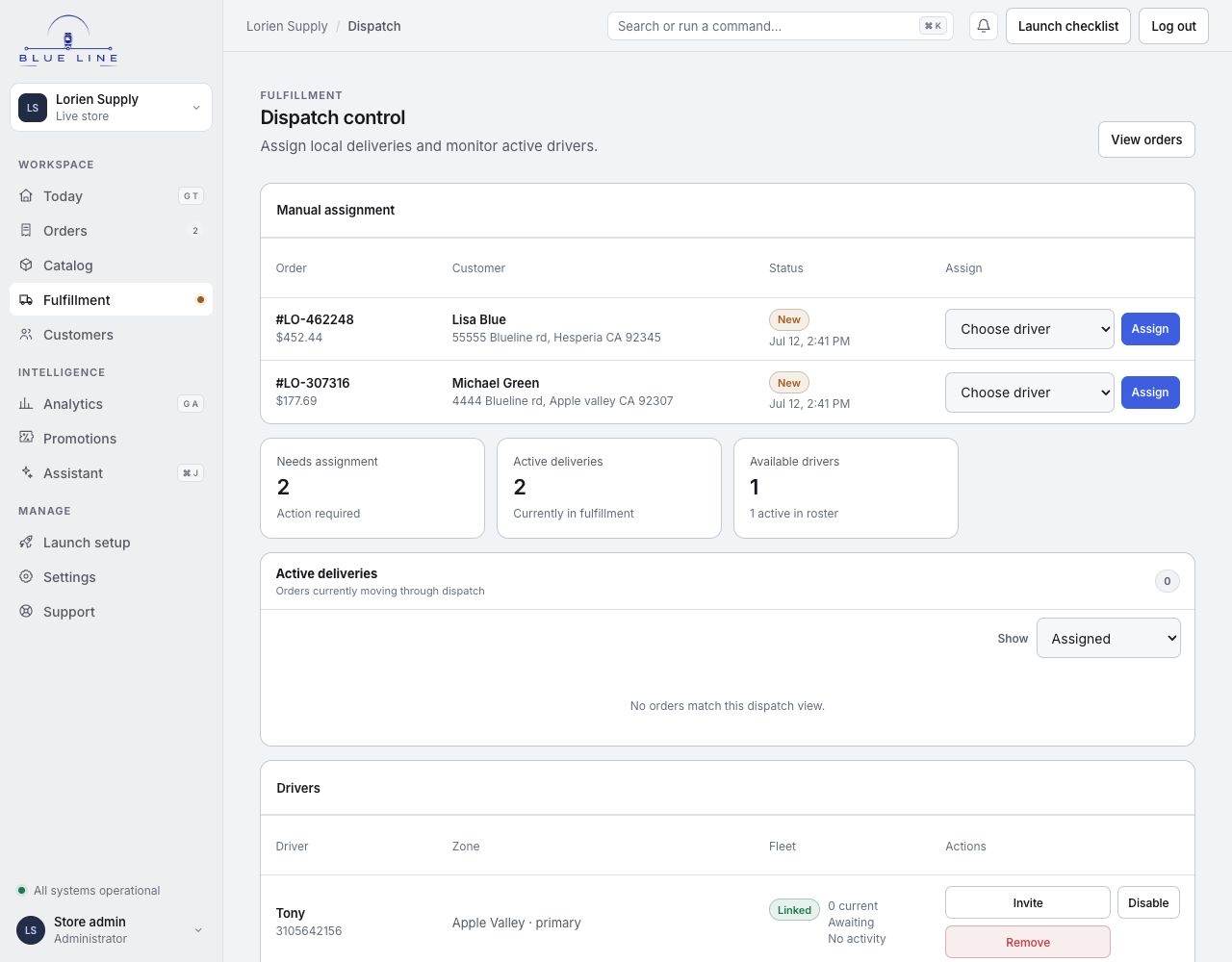 Blue Line Fulfillment tab showing the dispatch queue, available drivers, active deliveries, and fleet controls