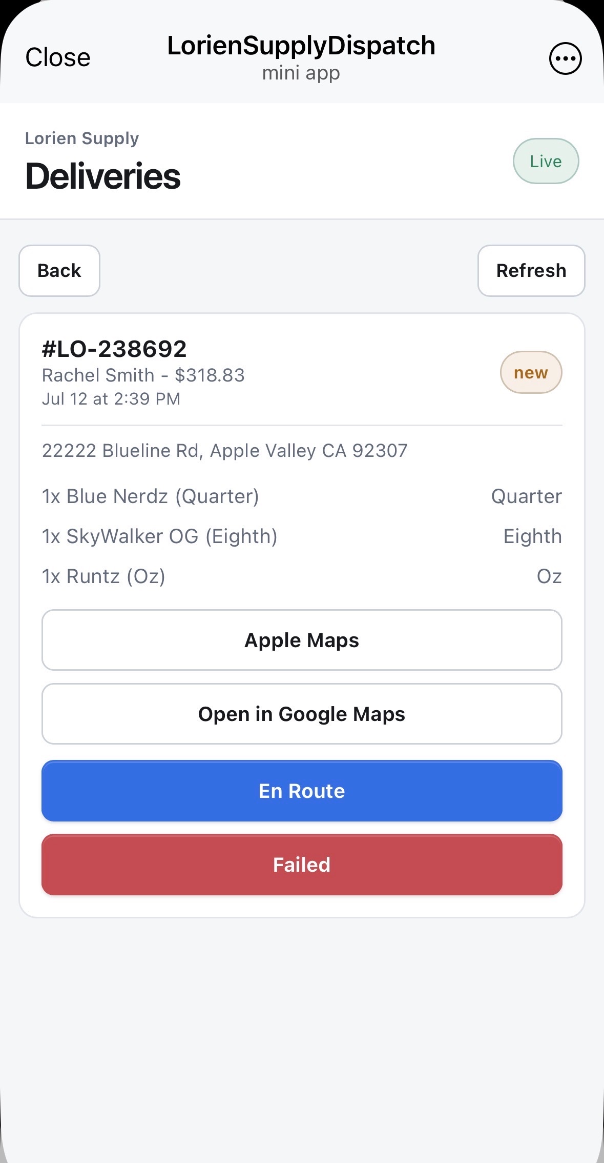 Blue Line Driver Orders Mini App showing a live delivery with Apple Maps, Google Maps, En Route, and Failed actions