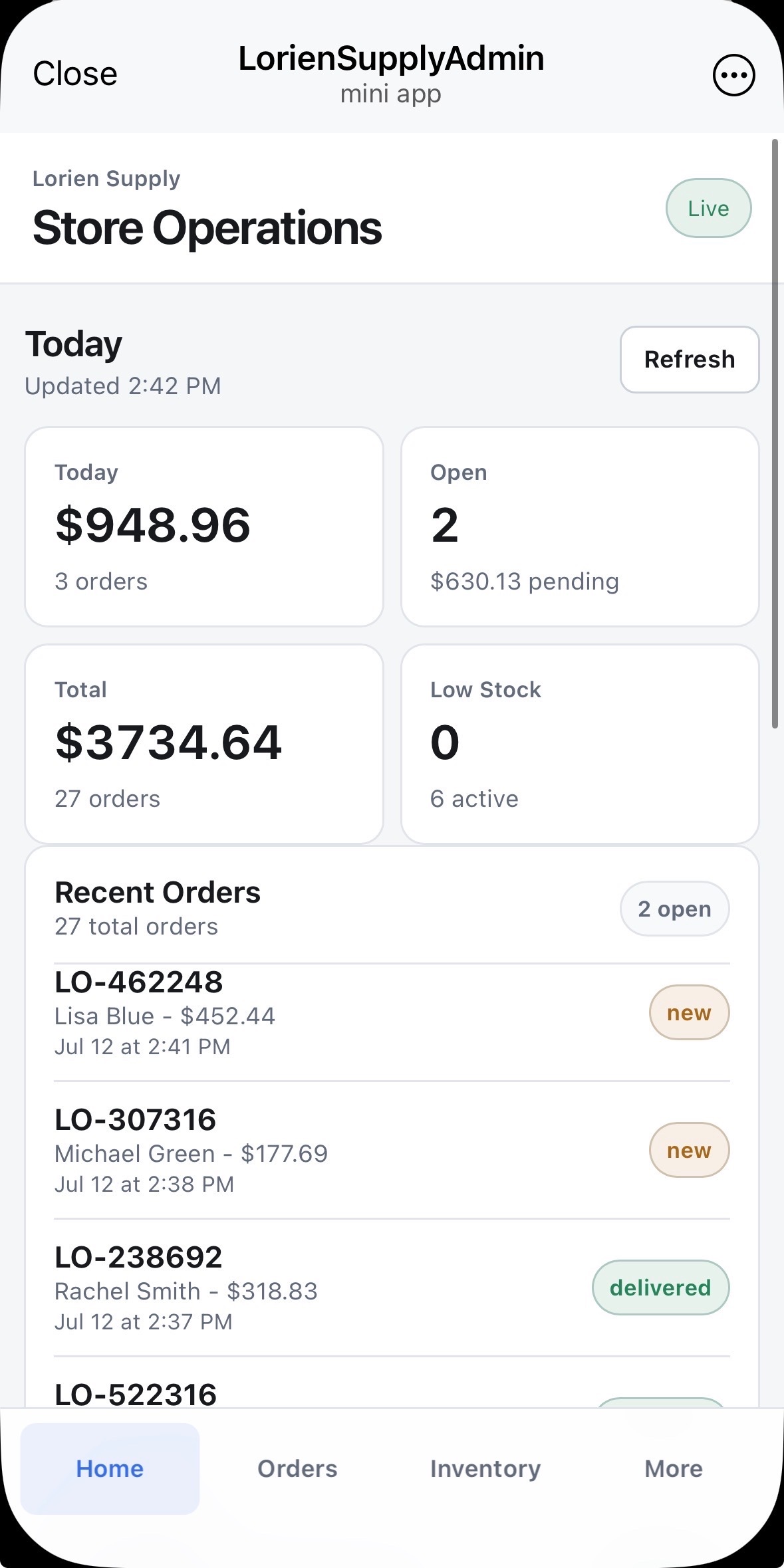 Blue Line Mini Admin showing today's sales, open orders, low stock, and recent orders